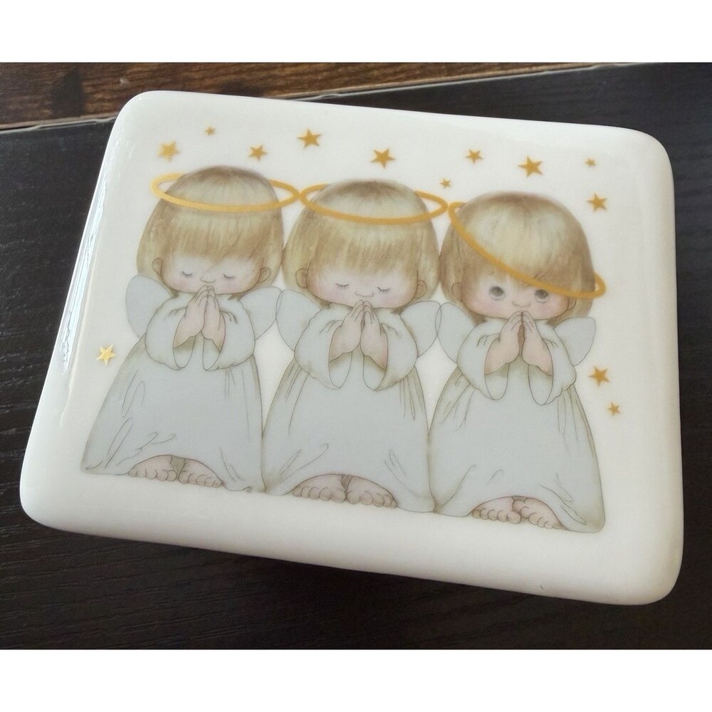 Vintage Praying Angels Ceramic Trinket Box Gold Stars Thailand 4 1/8"